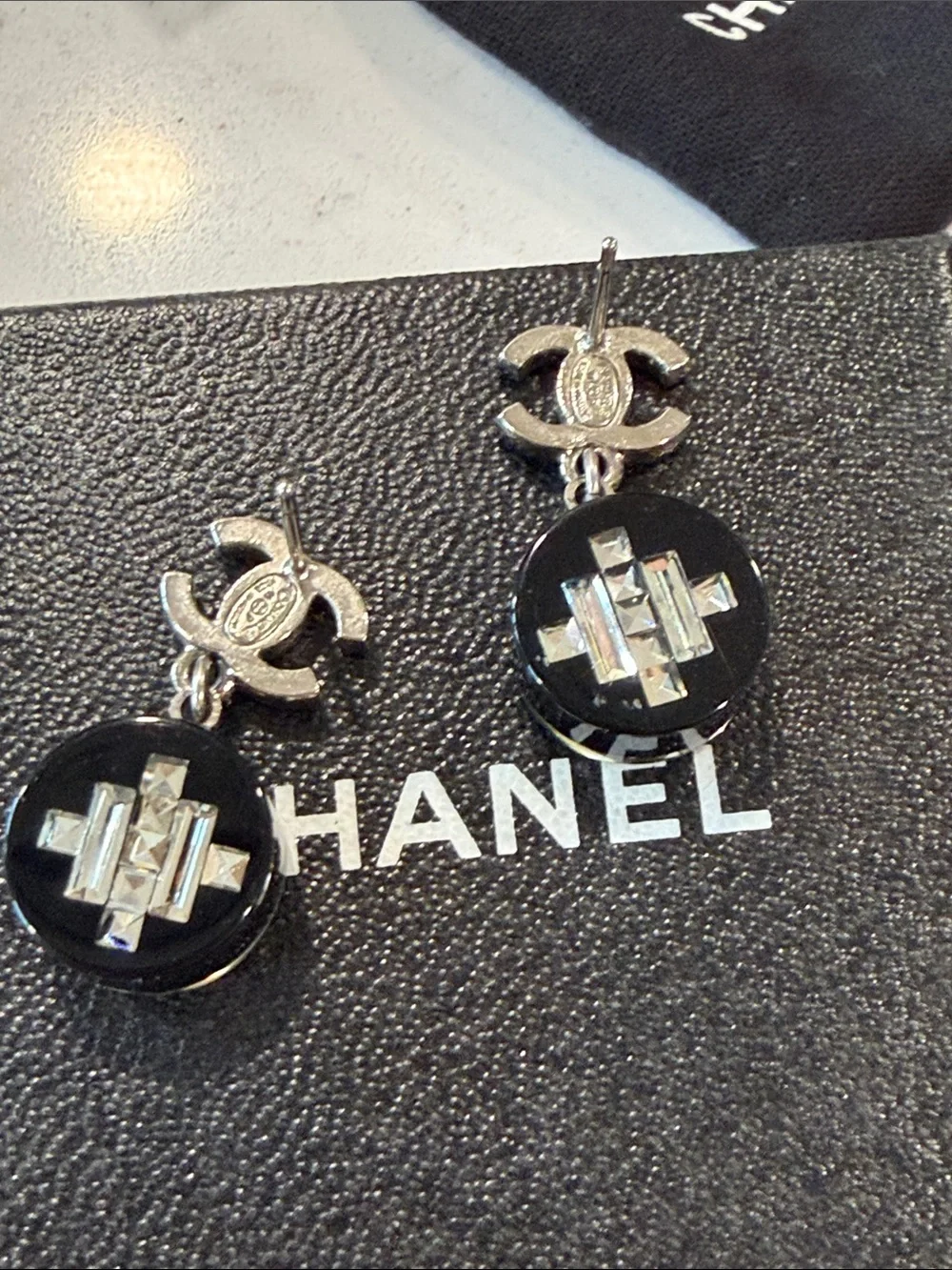 CHANEL Black and Silver Crystal CC Drop Earrings